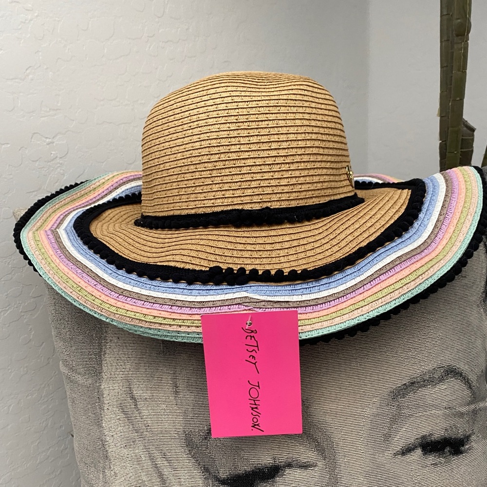 Betsy Johnson Floppy Straw Hat with Pastel Color Trim NWT